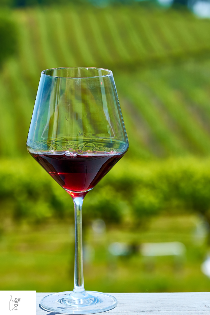 Red wine in a glass in with a vineyard in the background.